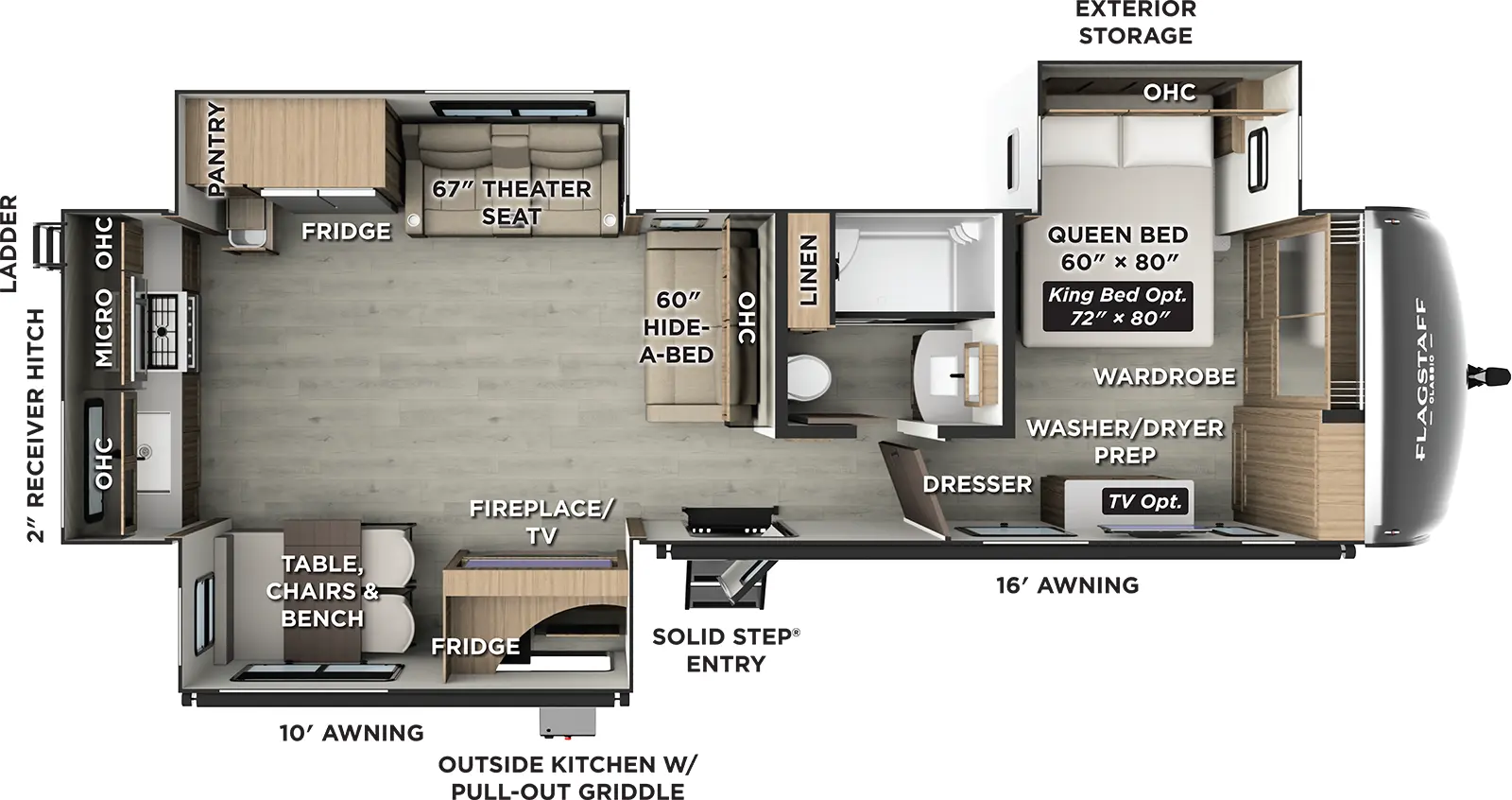The Flagstaff Classic Travel Trailers 832RKSB floorplan has one entry and three slide outs. Exterior features include: fiberglass exterior, 10' & 16' awning and outside kitchen. Interiors features include: rear kitchen and front bedroom.